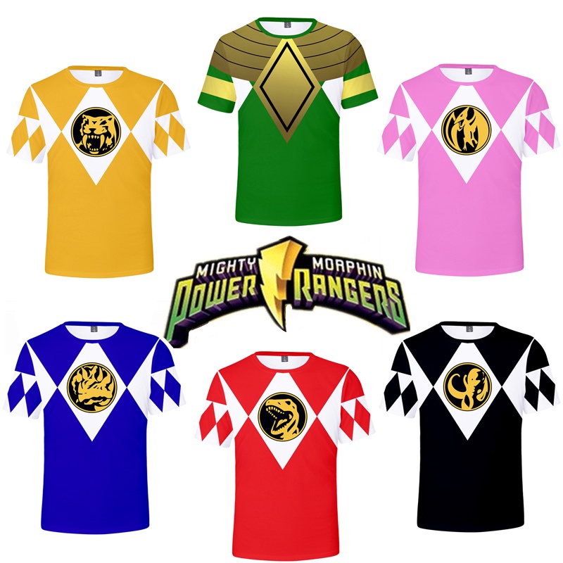 เสื้อยืด Power Rangers Mens Tee Mighty Morphin Jersey ชุดคอสเพลย์ฮาโลวีน