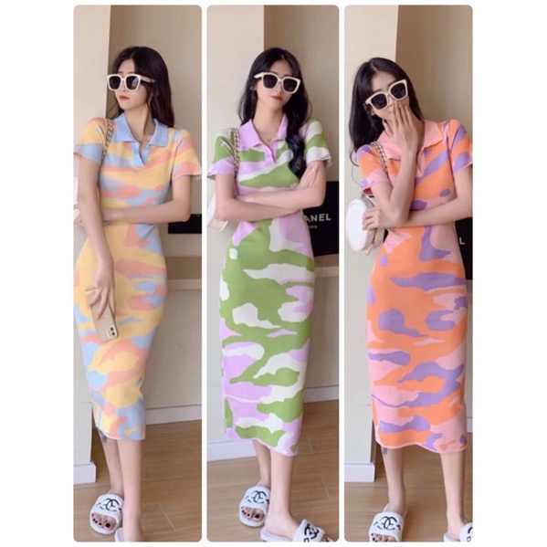 พร้อมส่งจากไทย เดรสไหมพรมยาวคอปกลายพรานสีทูโทน