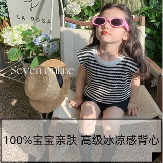 ❀Qinzi เสือดาว❀พร้อมส่ง เสื้อกล้ามลําลอง คอกลม ผ้าถัก ลายทาง ระบายอากาศ สไตล์เกาหลี อินเทรนด์ สําหรับเด็กผู้หญิง