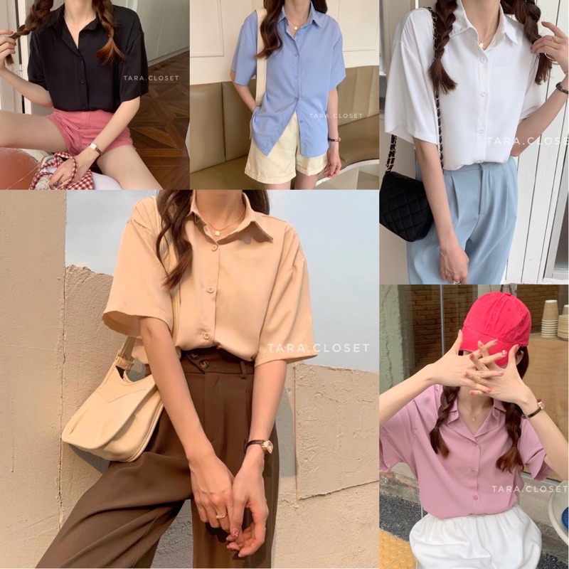 It045 Tara Shirt เสื้อเชิ้ต แขนสั้น ทรงไหล่ตก มีกระดุมด้านหน้า  ผ้าไหมอิตาลีอย่างดี ผ้าไม่หนามาก ผ้าใส่สบาย ไม่ร้อน