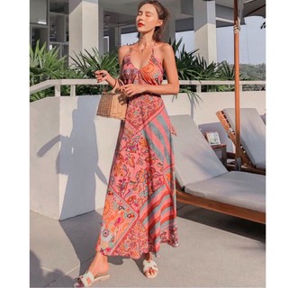 ** พร้อมส่ง ที่ไทย🇹🇭 ** Maxi dress สีชมพูลายกราฟฟิก DS059