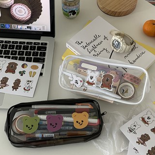 CH丨Cute Transparent Pencil Bag White Black Pencil Bag Stationery Storage Bag with Bear Sticker