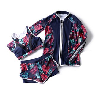 ชุดว่ายน้ําสาวอวบ  ผู้หญิง M- 3XL Women Swimwear Swimming Suit 3-Piece Zipper Style Floral