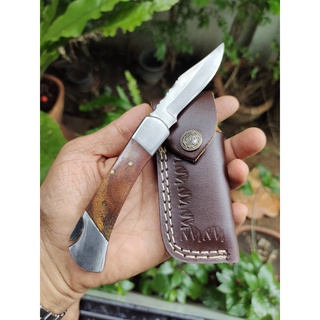 มีดพับ (folding knife) เหล็ก J2 ระบบ lock back ด้ามไม้ walnut ซองหนังแท้ EDC