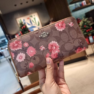 COACH F78018 ACCORDION ZIP WALLET IN SIGNATURE CANVAS WITH PRAIRIE DAISY CLUSTER PRINT กระเป๋าสตางค์ใบยาว สีน้ำตาล