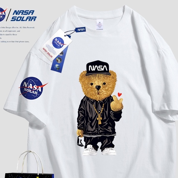 เสื้อยืดแขนสั้น คอกลม ผ้าฝ้าย พิมพ์ลายการ์ตูนหมี NASA SOLAR แฟชั่นฤดูร้อน สําหรับคู่รัก