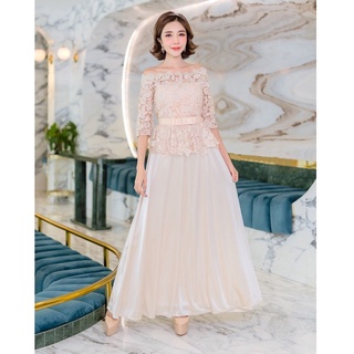 Dressyhappy Lace Dress เดรสไปงาน ชุดออกงาน แม็กซี่เดรสเดรสยาวเดรสลูกไม้แขนยาวลายใบไม้เปิดไหล่ ผ้านิ่ม