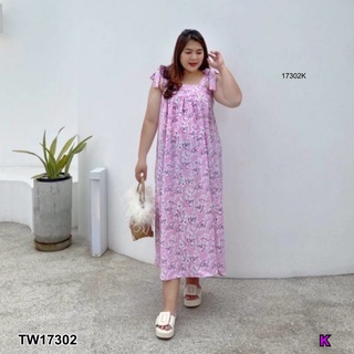 TW17302 เดรสBigsize สายผูกโบว์ไหล่ ลายดอกไม้