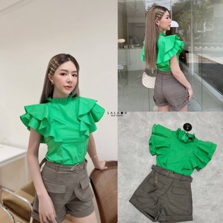 set 2 ชิ้นสุดคุ้มค่ะ เสื้อสีเขียวกุ๊นคอแขนระบาย LALADA (ลลดา)