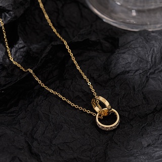 [Real Gold Plating] New Korean Fashion Personality Diamond Double Ring Pendant and Happiness Interlocking Temperament Necklace for Women