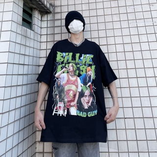 Billie Eilish Rapper เสื้อยืดผู้ชายผู้หญิงยุโรปและอเมริกา High Street Retro Hip-Hop หลวม Oversize BAD GRIL พิมพ์เสื้อแขน