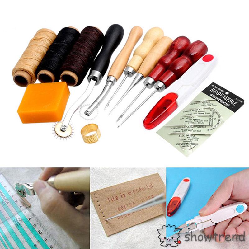 13Pcs New Leather Craft Hand Stitching Sewing Tools Thread Awl Waxed Thimble Kits