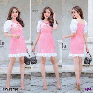 J13780 Dress เดรส แขนพอง อกจับจีบ ติดโบว์