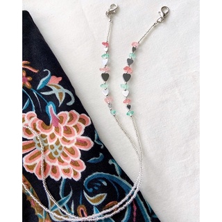 สายคล้องแมส PinkxGreen Cherry Quartz x green quartz Hematite hearts นำโชคด้านการเงิน