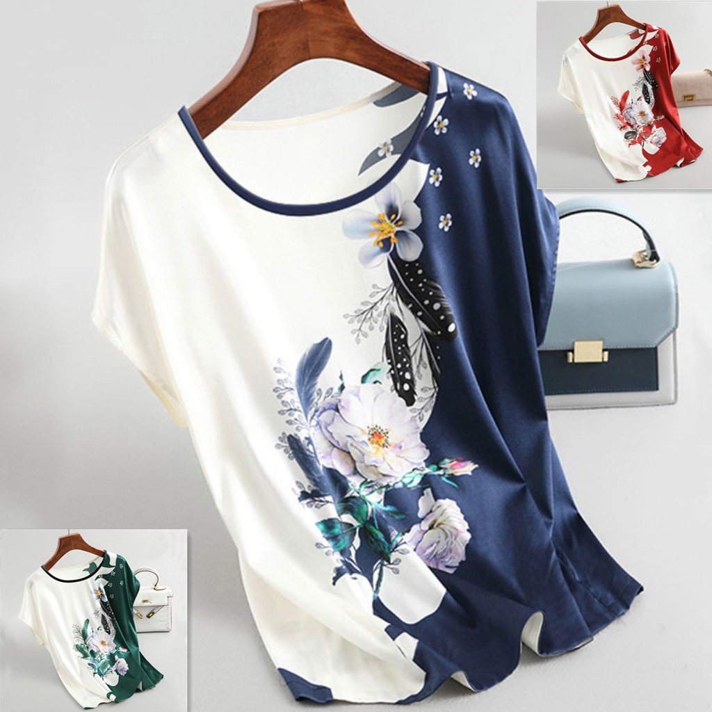 เสื้อสตรีขนาดบวกเสื้อยืดผ้าไหมน้ําแข็งพิมพ์หลวมแขนสั้น Bloues