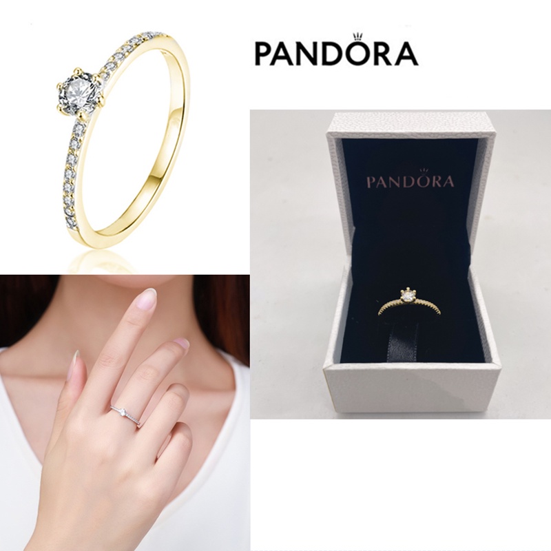 Pandora แหวนเงินแท้ 925 ประดับเพชรโมอิส ทอง 14k สําหรับผู้หญิง