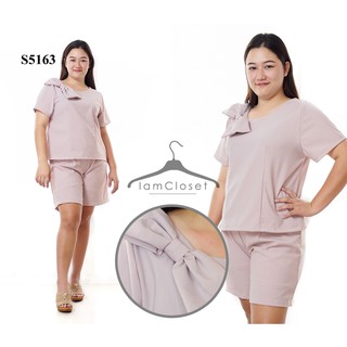 S5163 // รอบอก 44 นิ้ว Set เสื้อแต่งโบว์ + กางเกงขาสั้น สีชมพู