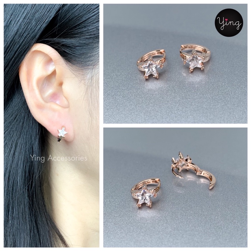 ส่งเคอรี่🧡ต่างหูห่วงเล็กเพชร CZ เพชรรูปดาว Pink Gold 9 mm