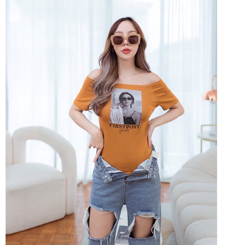 (2370)เสื้อบอดี้สูทเปิดไหล่สไตล์วินเทจ 90 สกรีนลายด้านหน้า ผ้ายืดเนื้อดีเกรดพรีเมียม