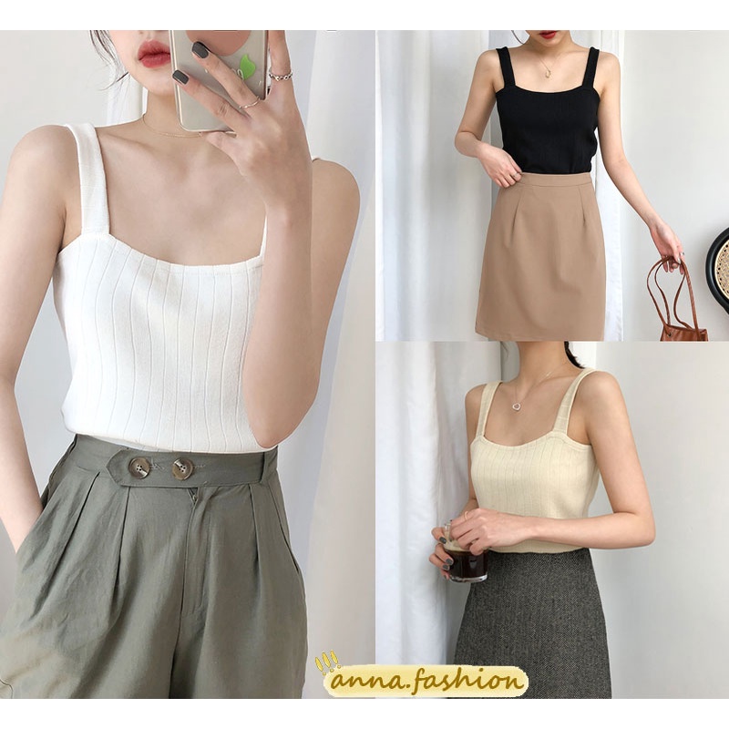 anna 8219 พร้อมส่ง เสื้อกล้ามสายเดี่ยว สายใหญ่ คอเหลี่ยม ผ้าไหมพรม ชักร่อง สไตล์เกาหลีทรงเกาะอก ออกแนวเซ็กซี่