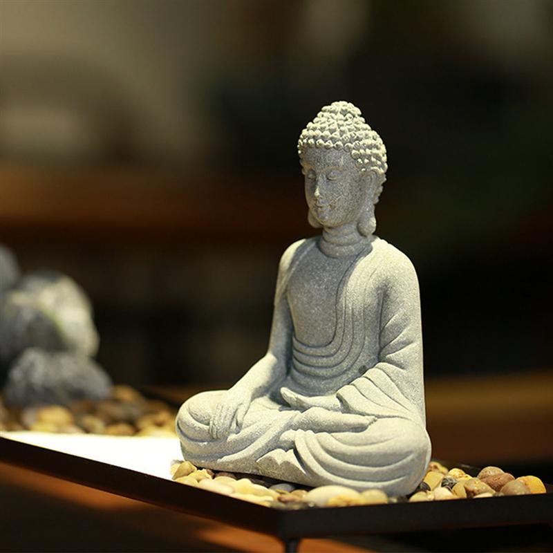 ♈Sandstone Buddha Statue Zen Figurine Craft Household Decoration (Gray)