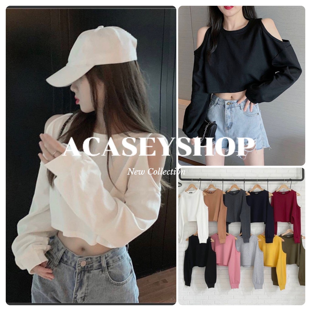 Acasey เสื้อแขนยาวผู้หญิง Topshop เสื้อครอปคอกลม เปิดไหล่เว้า ทรงโอเวอร์ไซส์ รุ่นเว้าไหล่แขนยาว