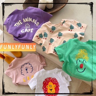 Funlyfunly เสื้อยืดแขนสั้น ผ้าฝ้ายแท้ พิมพ์ลายการ์ตูน แฟชั่นเกาหลี สําหรับเด็กผู้ชาย และเด็กผู้หญิง สูง 80-130 ซม.