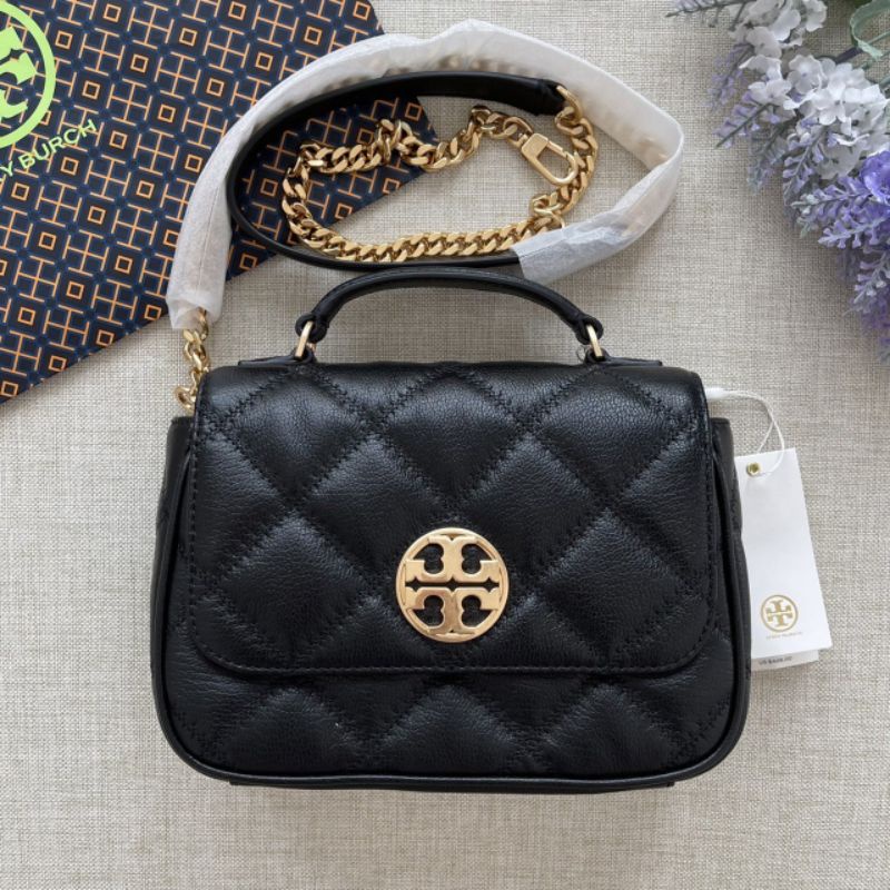 🎀 (สด-ผ่อน) กระเป๋าสีดำ 8 นิ้ว Tory Burch 82366 Willa Mini Top Handle Bag