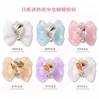 [10ชิ้น] โบหัวใจเพชร โบแต่งเล็บ โบน่ารัก DIY Charms Crystal Bow Knot Nail Art Rhinestones Heart Diamond