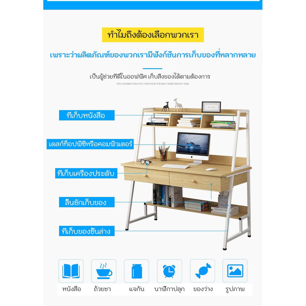 MIREN SHOP โต๊ะทำงาน โต๊ะเขียนหนังสือมาพร้อมกับชั้นวางของ ขนาดโต๊ะ(80cm/100cm/120cm)