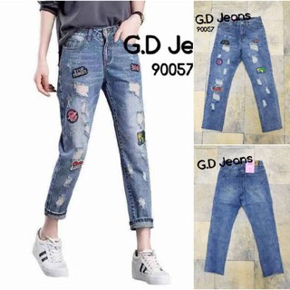 G.D.Jeans รุ่น 90057#กางเกงยีนส์ขายาวผ้าด้านทรงกระบอกเล็กเล่นดีเทลสะกิดขาดติดอามแบบแฟชั่น