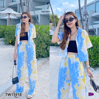 TW15918 Tie-Dyed Shirt Set  เสื้อเชิ้ตครอปสุดเท่ห์ เข้าคู่มากับกางเกงขายาว ผ้าโพลีเอสเตอร์พิมพ์ลายมัดย้อม