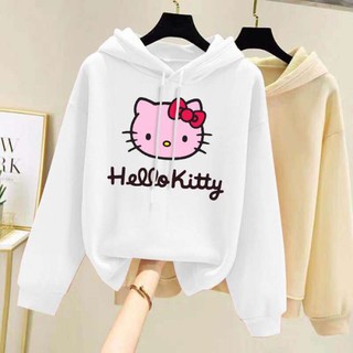 แฟชั่นเกาหลี hello kittyนการ์ตูนพิมพ์บวกกำมะหยี่หลวมแขนยาวเสื้อโค้ตเสื้อกันหนาวมีฮูดเสื้อผู้หญิงและผู้ชายน่ารักสุดๆ