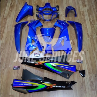ชุดสี wave125 S หัวเถิก รูกลม 13ชิ้น สีน้ำเงินดำ(ท้ายตัดดำด้าน) ติดลายSปี2002น้ำเงิน
