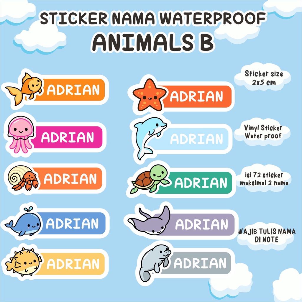 ANIMALS B SEA ANIMALS NAME STICKER COTENTS 80 กันน้ํา