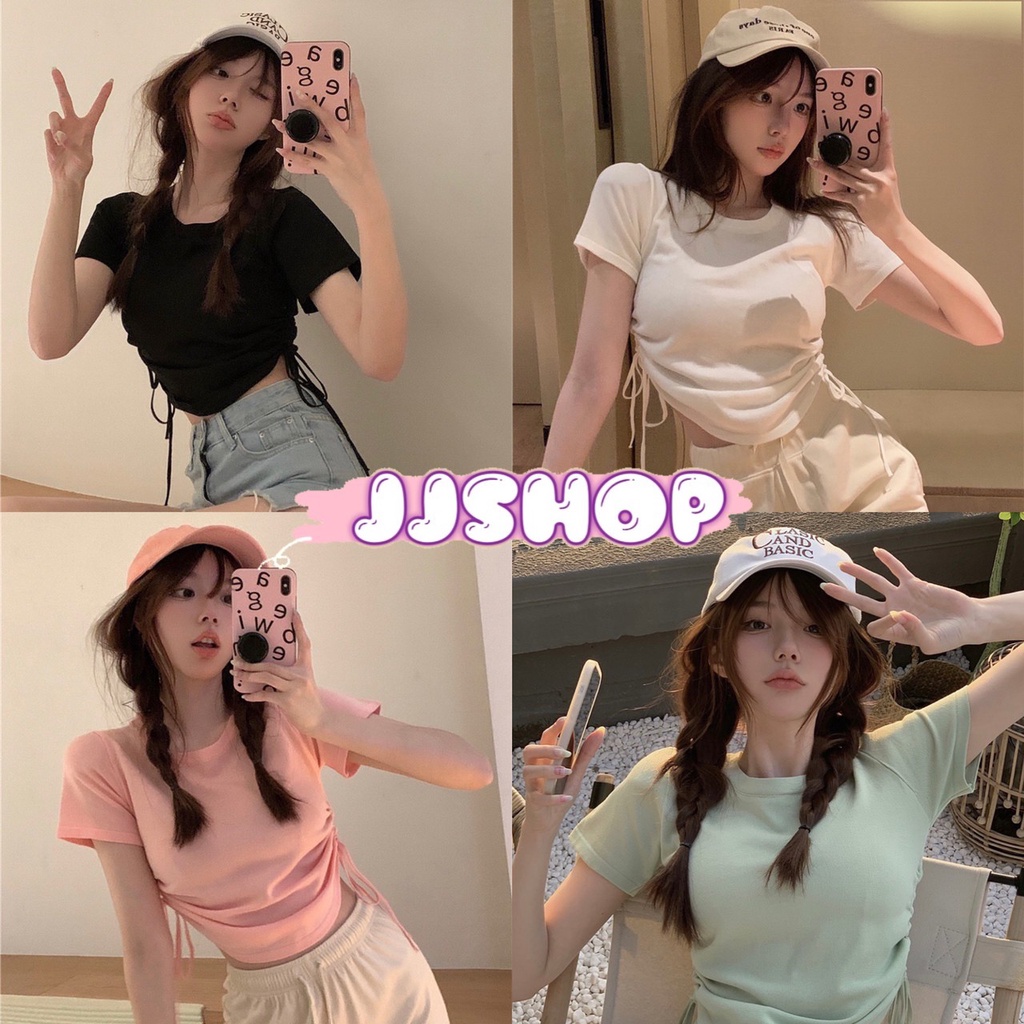 JJ Shop​ ​พร้อมส่ง เสื้อไหมพรมแขนสั้น คอกลม ดีเทล ลายรูดปรับสั้นยาวได้2ข้าง "6A302"