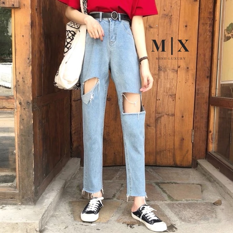 RIPPED JEANS HIGHWIST PANTS DENIM HW WOMENS BAGGY UNFINISHED MX801
