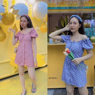 MF12775🍓 Dress เดรสปาดไหล่คอกว้าง เนื้อผ้า 100D ลายจุด ติดกระดุมผ่าหน้า ใส่แบบเอาแขนขึ้น หรือใส่แบบเปิดไหล่ได้เลยค้า