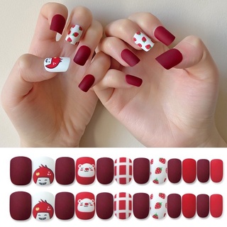 24pcs wear fake nails Strawberry Elf short square nail stickers