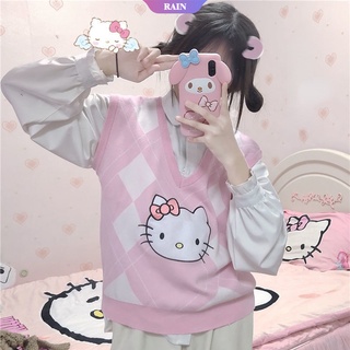 SANRIO เสื้อกั๊กกันหนาว คอวี ผ้าถัก ให้ความอบอุ่น ลาย Hello Kitty สําหรับเด็กผู้หญิง [RAIN]