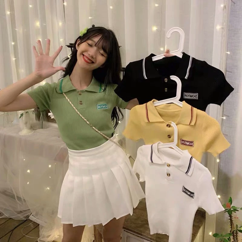 DODO เสื้อโปโลน่ารักอะโวคาโดกรีนแจ็คเก็ตผู้หญิงคลื่นลูกใหม่ของเกาหลีผอมผอมแขนสั้นนักเรียน 4963#