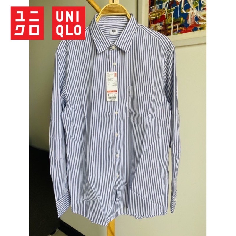 ★ UNIQLO ★ ยูนิโคล่ เชิ้ตแขนยาว คอปก ลายฟ้า-ขาว EFC Broadcloth Long Sleeve Shirt