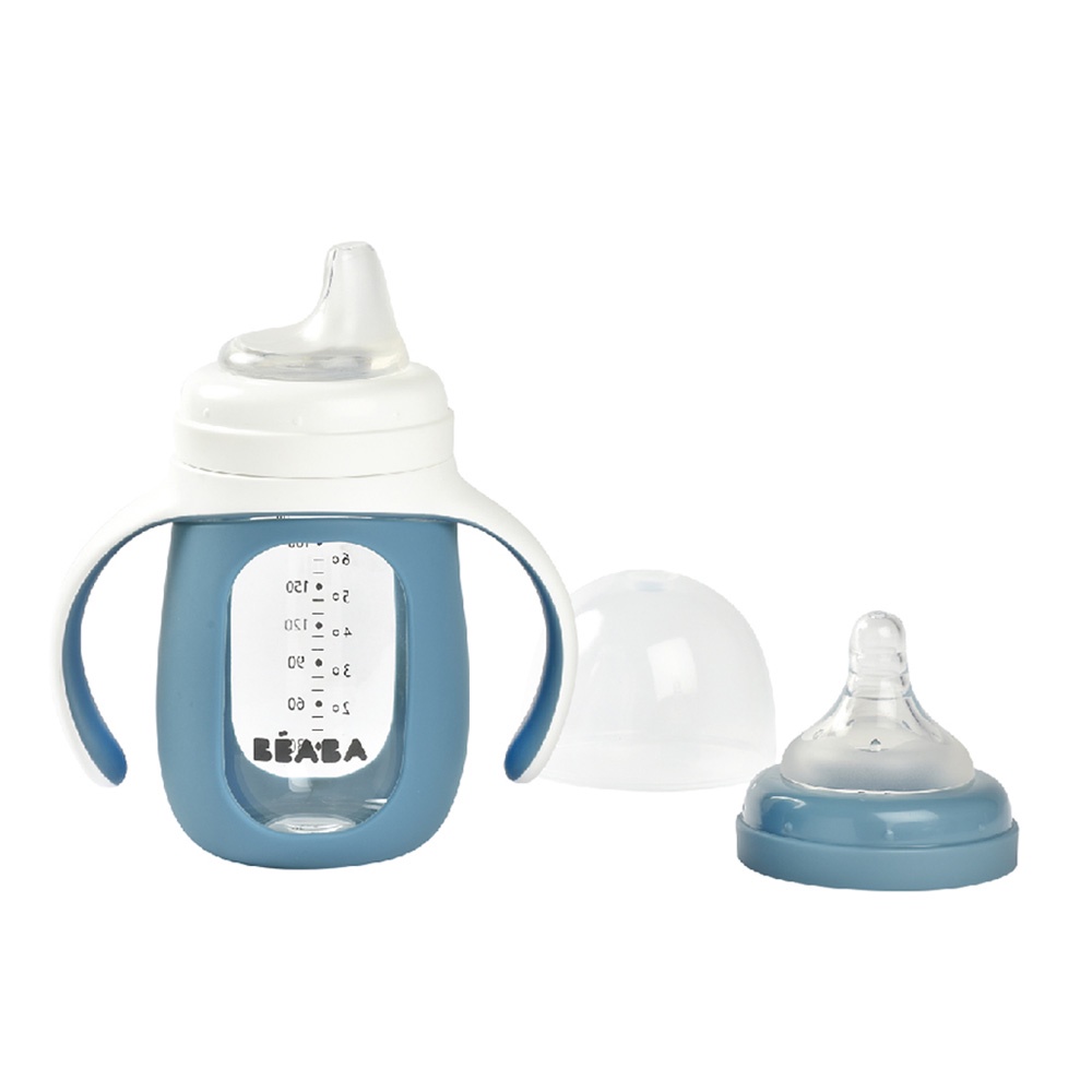 BEABA ขวดแก้วหัดดื่ม 2 in 1 Glass Learning Bottle 210 ml with Silicone Protective Sleeve - Windy Blu