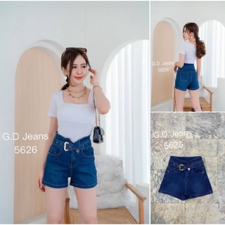 G.D.Jeans รุ่น 5626#กางเกงยีนส์แฟชั่นขาสั้นผ้ายืดเอวสูงสีเข้มแต่งขอบเอวเข็มขัดแบบเก๋ๆ