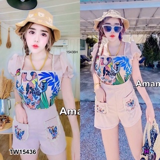 TW15436  Set 2 ชิ้น เสื้อคอเหลี่ยม แขนตุ๊กตาอกสกรีนลายกราฟฟิก + กางเกงขาสั้น เย็บแต่งกระเป๋าหน้า พิมพ์ลายสวยๆ