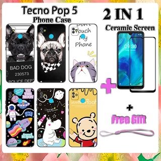 2 IN 1 Tecno Pop 5 เคสโทรศัพท์ พร้อมกระจกนิรภัย เซรามิค ป้องกันหน้าจอ โค้ง ฟิล์มนิรภัย การ์ตูน