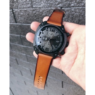 (ผ่อน0%) นาฬิกา Diesel Mens DZ4317 Overflow Analog Display Quartz Movement Brown Watch สายหนังสีน้ำตาล หน้าปัดสีดำ 54มม