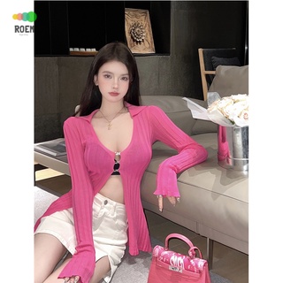 NINI [new autumn] Slim-fit metal buckle letter stretch knitwear summer V-collar hot girl hollow-out womens top long-sleeved sunscreen shirt niche