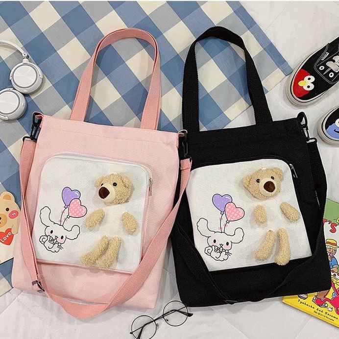 กระเป๋าผ้า หมีแคนวาส เนื้อหนา ใบใหญ่ เกาหแฟชั่น น่ารัก หมี ตุ๊กตา ราคา ถูกที่สุด ดีลบีเคเค แกลเลอรีภาพที่ 3