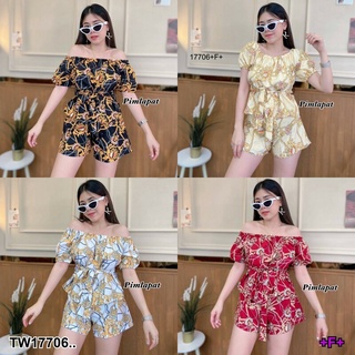 MM17706 Set 2 ชิ้น เสื้อไหล่ปาด แขนตุ๊กตา + กางเกงขาสั้น พิมลาย ..Set of 2 pieces. Off shoulder top, doll sleeves + prin